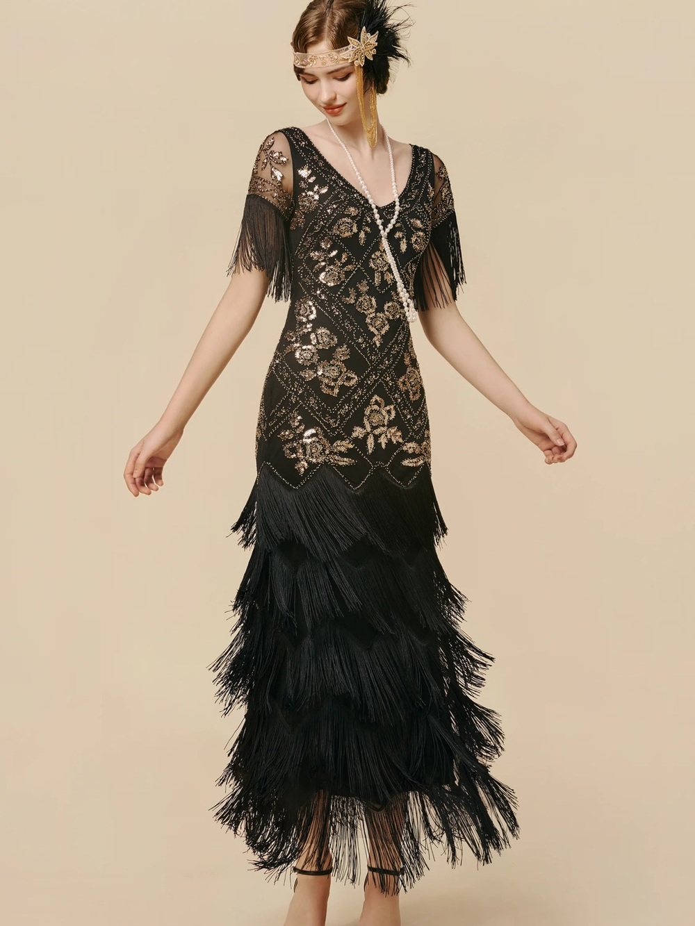 Black Sequin Fringe Maxi Dress - Art Deco Evening Gown